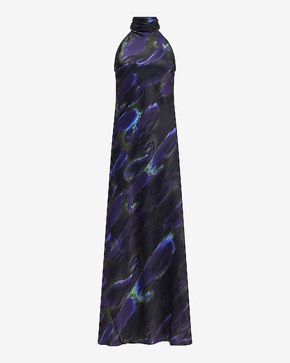 Printed Satin Tie Halter Maxi Slip Dress - Purple Print