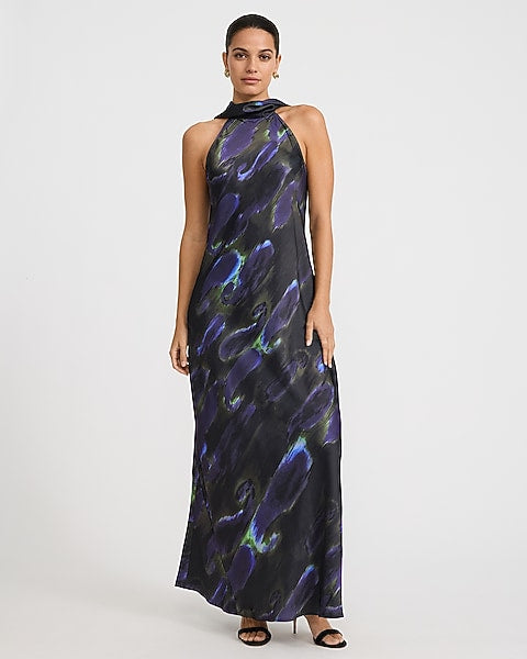 Printed Satin Tie Halter Maxi Slip Dress - Purple Print