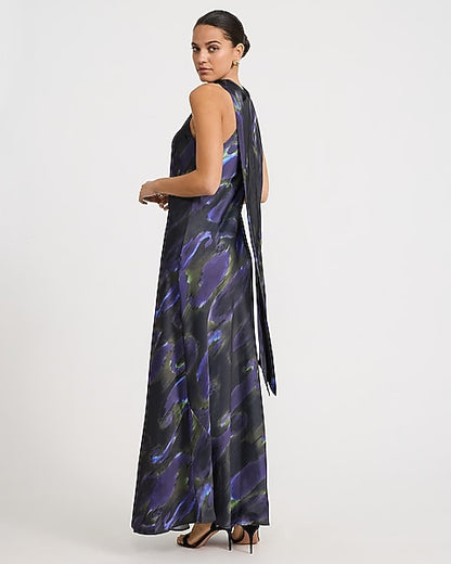 Printed Satin Tie Halter Maxi Slip Dress - Purple Print