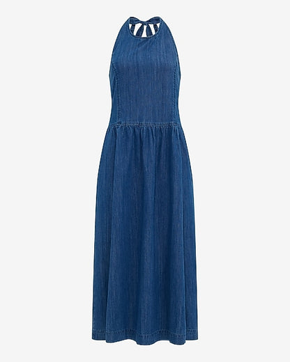 Denim Halter Drop Waist Fit and Flare Smocked Back Midi Dress - Light Wash