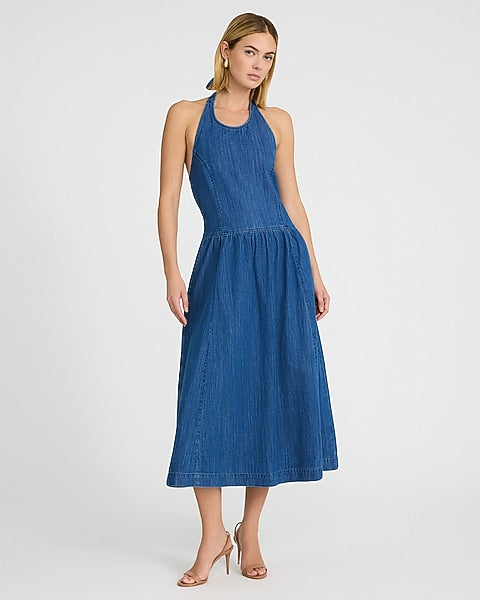 Denim Halter Drop Waist Fit and Flare Smocked Back Midi Dress - Light Wash