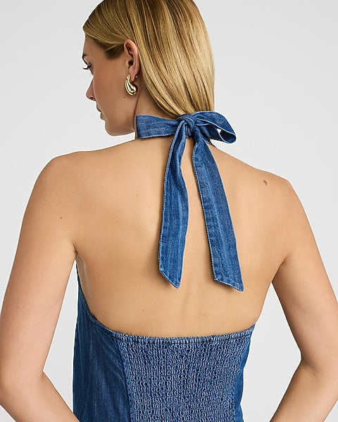 Denim Halter Drop Waist Fit and Flare Smocked Back Midi Dress - Light Wash