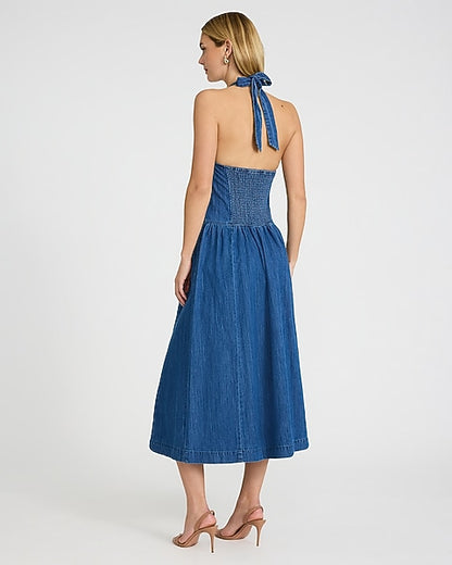 Denim Halter Drop Waist Fit and Flare Smocked Back Midi Dress - Light Wash