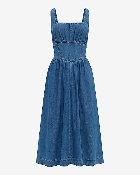 Denim Basque Waist Smocked Back Midi Dress with Pockets - Medium Wash