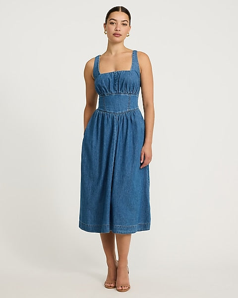Denim Basque Waist Smocked Back Midi Dress with Pockets - Medium Wash