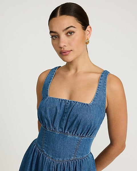 Denim Basque Waist Smocked Back Midi Dress with Pockets - Medium Wash