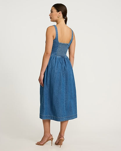 Denim Basque Waist Smocked Back Midi Dress with Pockets - Medium Wash