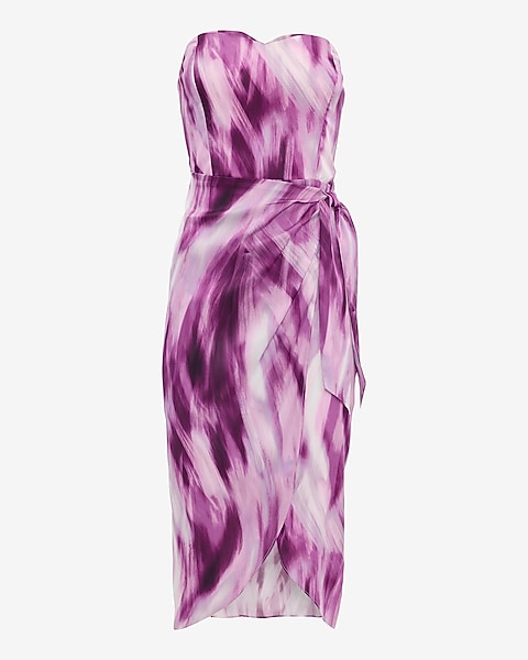 Satin Printed Strapless Wrap Tie Midi Sheath Dress - Purple Print