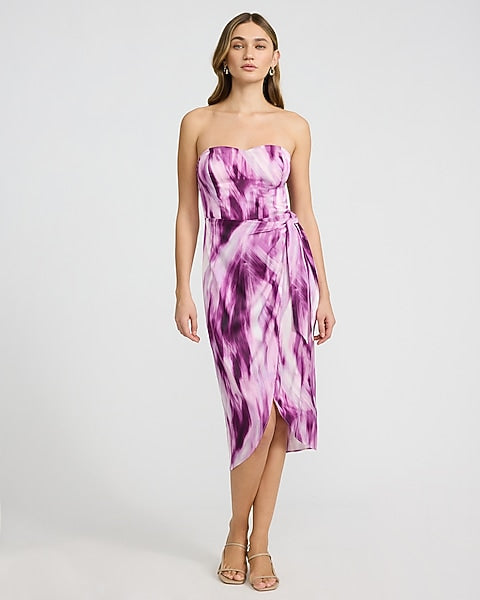 Satin Printed Strapless Wrap Tie Midi Sheath Dress - Purple Print