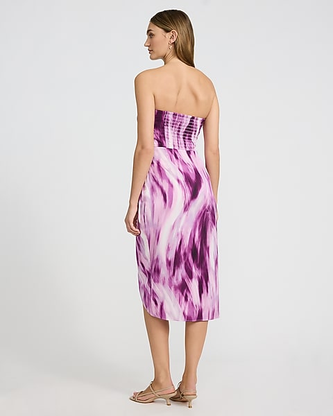 Satin Printed Strapless Wrap Tie Midi Sheath Dress - Purple Print