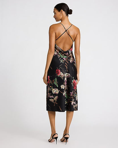 Floral Satin Cowl Neck Low Back Midi Slip Dress - Floral Print