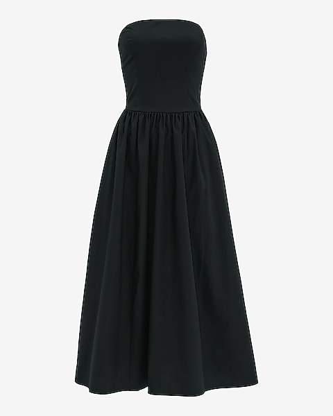 Cotton Poplin Strapless Dipped Waist Midi Dress with Pockets
