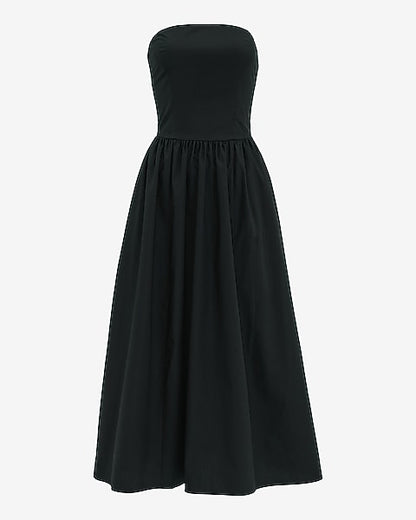 Cotton Poplin Strapless Dipped Waist Midi Dress with Pockets