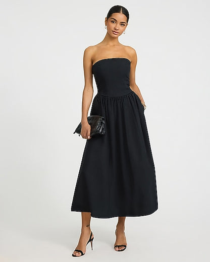 Cotton Poplin Strapless Dipped Waist Midi Dress with Pockets