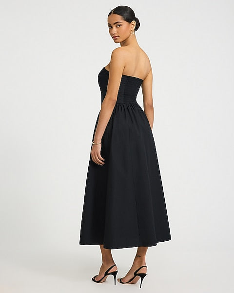 Cotton Poplin Strapless Dipped Waist Midi Dress with Pockets