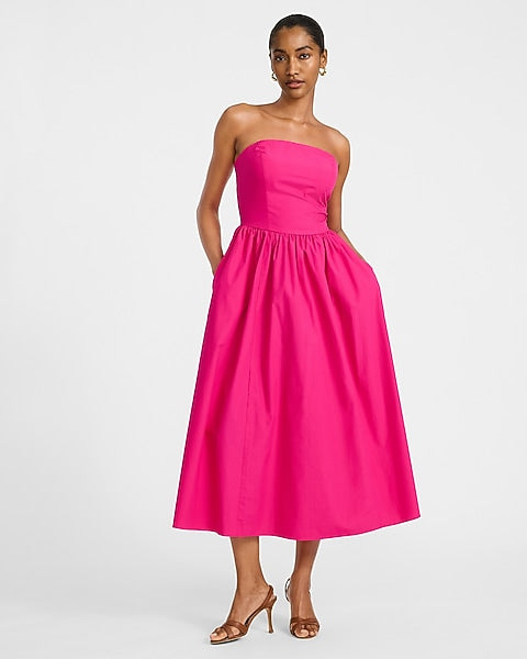 Cotton Poplin Strapless Dipped Waist Midi Dress with Pockets