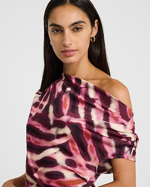 Printed Asymmetrical One Shoulder Ruched Midi Dress - Pink Print