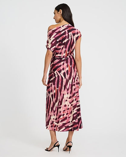 Printed Asymmetrical One Shoulder Ruched Midi Dress - Pink Print