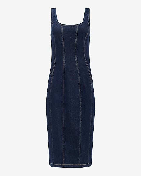 Stretch Denim Scoop Neck Seamed Midi Dress - Dark Wash