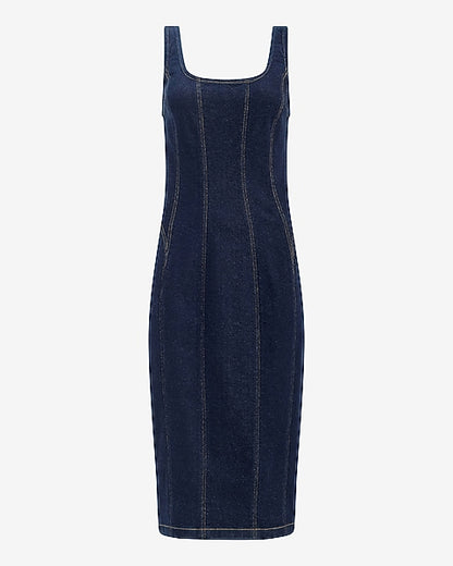 Stretch Denim Scoop Neck Seamed Midi Dress - Dark Wash