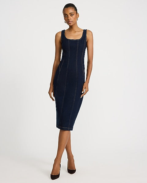 Stretch Denim Scoop Neck Seamed Midi Dress - Dark Wash