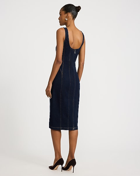Stretch Denim Scoop Neck Seamed Midi Dress - Dark Wash