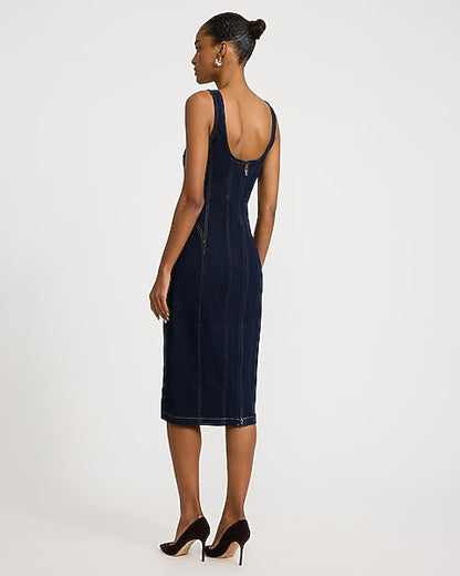 Stretch Denim Scoop Neck Seamed Midi Dress - Dark Wash