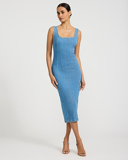 Stretch Denim Scoop Neck Seamed Midi Dress