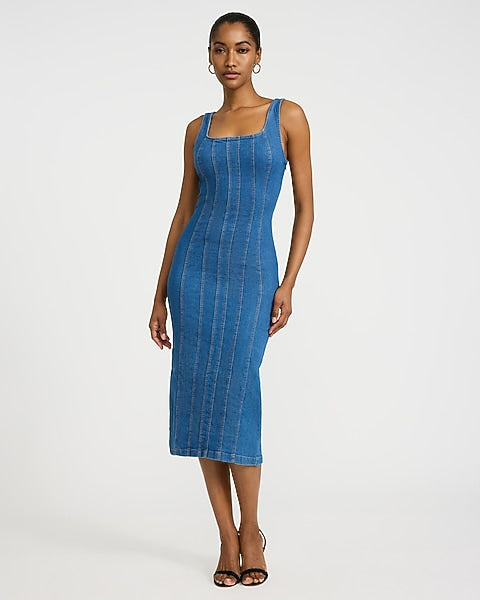 Stretch Denim Scoop Neck Seamed Midi Dress