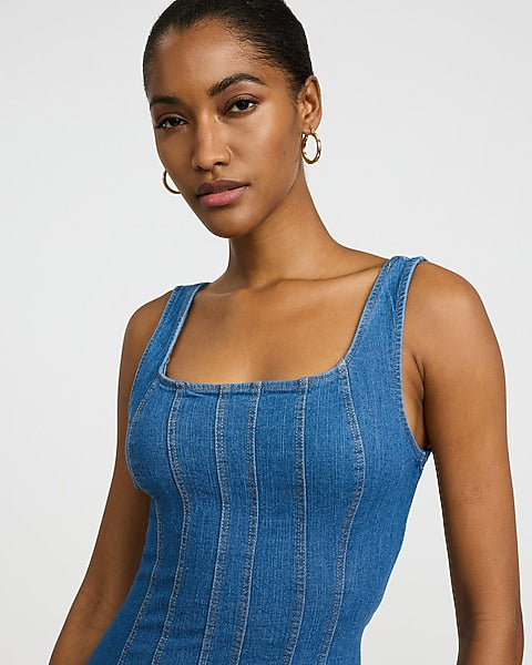 Stretch Denim Scoop Neck Seamed Midi Dress