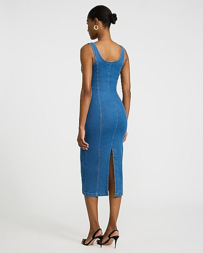 Stretch Denim Scoop Neck Seamed Midi Dress