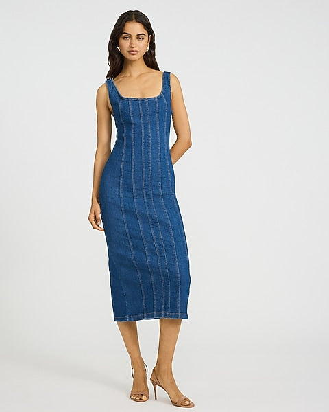 Stretch Denim Scoop Neck Seamed Midi Dress