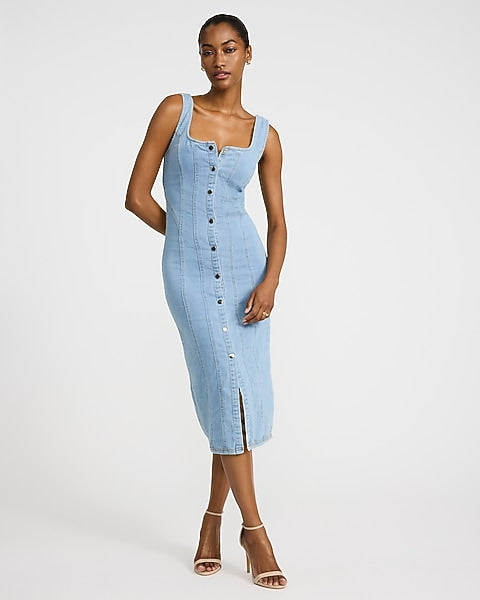Stretch Denim Scoop Neck Button Front Seamed Midi Dress