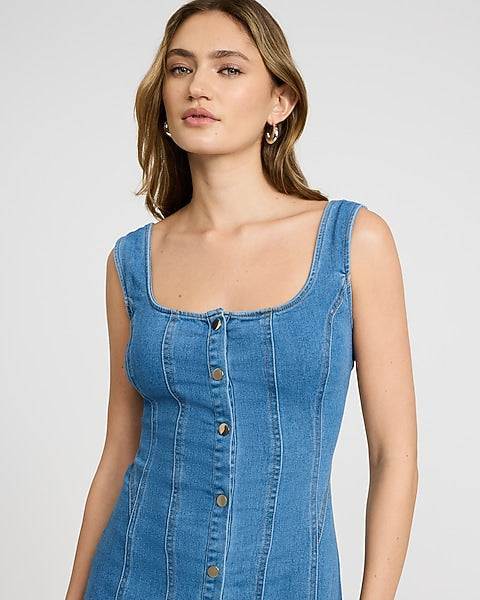 Stretch Denim Scoop Neck Button Front Seamed Midi Dress