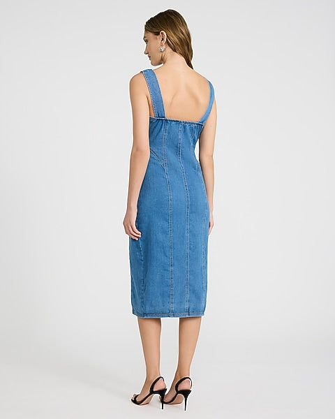 Stretch Denim Scoop Neck Button Front Seamed Midi Dress