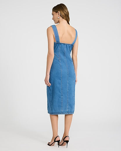 Stretch Denim Scoop Neck Button Front Seamed Midi Dress