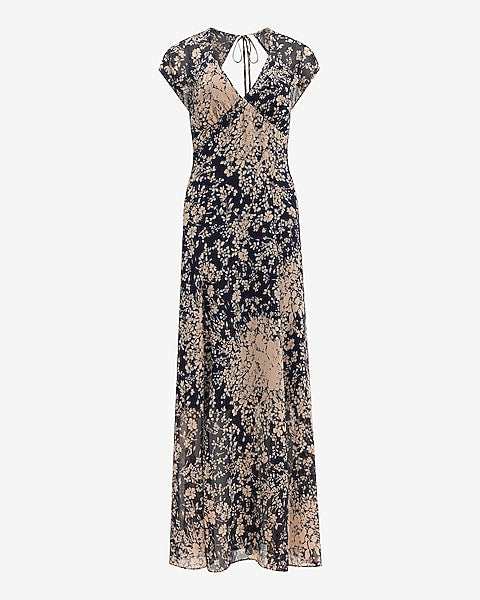 Chiffon Floral V-Neck Cap Sleeve Maxi Dress - Neutral Print