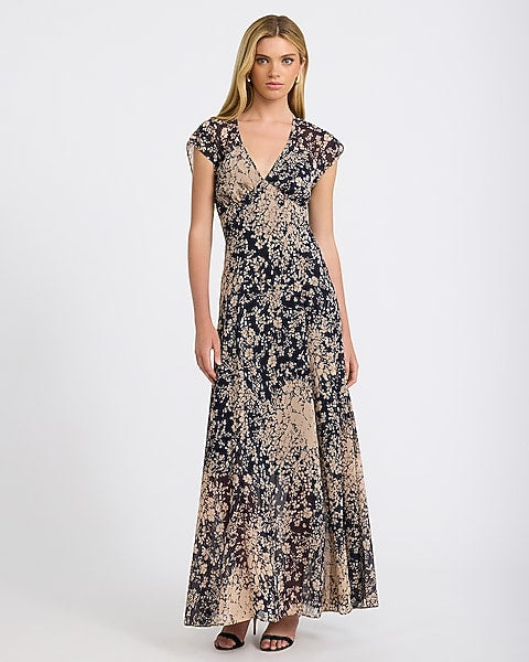 Chiffon Floral V-Neck Cap Sleeve Maxi Dress - Neutral Print