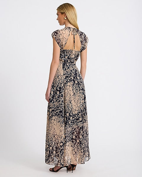 Chiffon Floral V-Neck Cap Sleeve Maxi Dress - Neutral Print