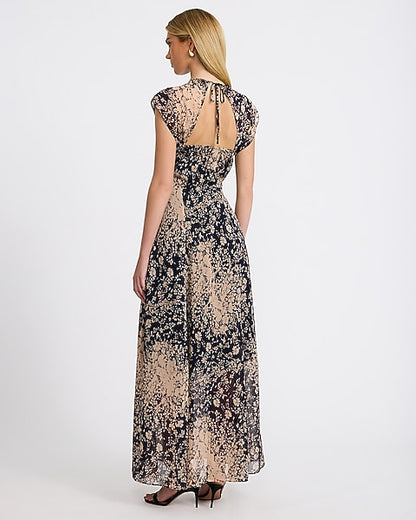 Chiffon Floral V-Neck Cap Sleeve Maxi Dress - Neutral Print