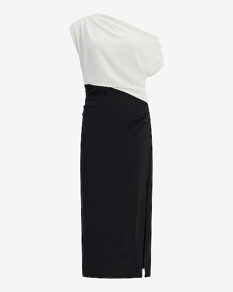 Color Block Asymmetrical One Shoulder Midi Dress in Luxe Stretch - Ivory