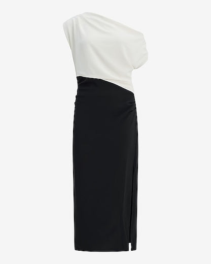Color Block Asymmetrical One Shoulder Midi Dress in Luxe Stretch - Ivory