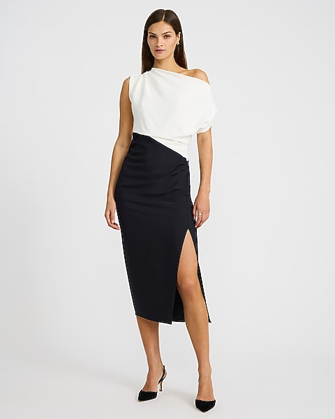 Color Block Asymmetrical One Shoulder Midi Dress in Luxe Stretch - Ivory
