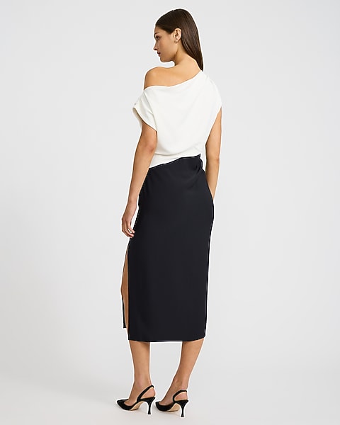 Color Block Asymmetrical One Shoulder Midi Dress in Luxe Stretch - Ivory