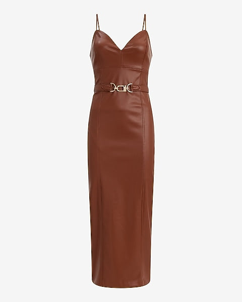 Faux Leather V-Neck Belted Maxi Sheath Dress