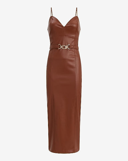 Faux Leather V-Neck Belted Maxi Sheath Dress