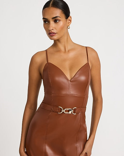 Faux Leather V-Neck Belted Maxi Sheath Dress