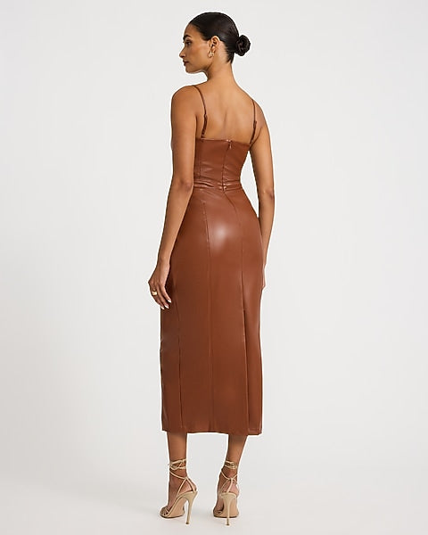 Faux Leather V-Neck Belted Maxi Sheath Dress