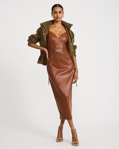 Faux Leather V-Neck Belted Maxi Sheath Dress