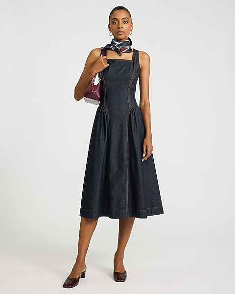 Stretch Denim Square Neck Drop Waist Midi Dress with Pockets - Dark Wash